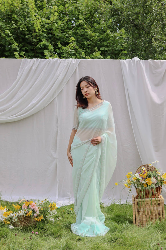 Pastel green garden party saree