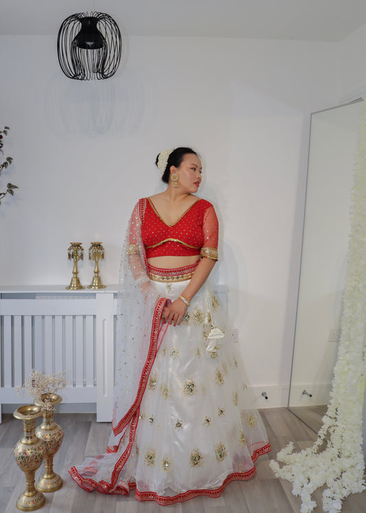 Red & off white lehenga set